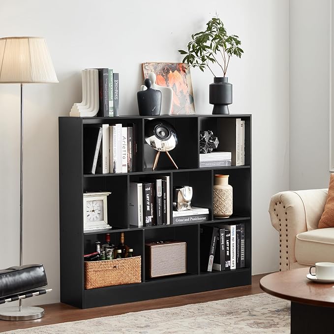 YAHARBO Black Wide Bookshelf, 3 Tier Modern Horizontal Bookcase, Wood Low - Image 4