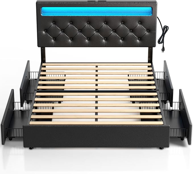 Rolanstar Queen Bed Frame with 4 Storage Drawers and Charging Station, Queen by Rolanstar