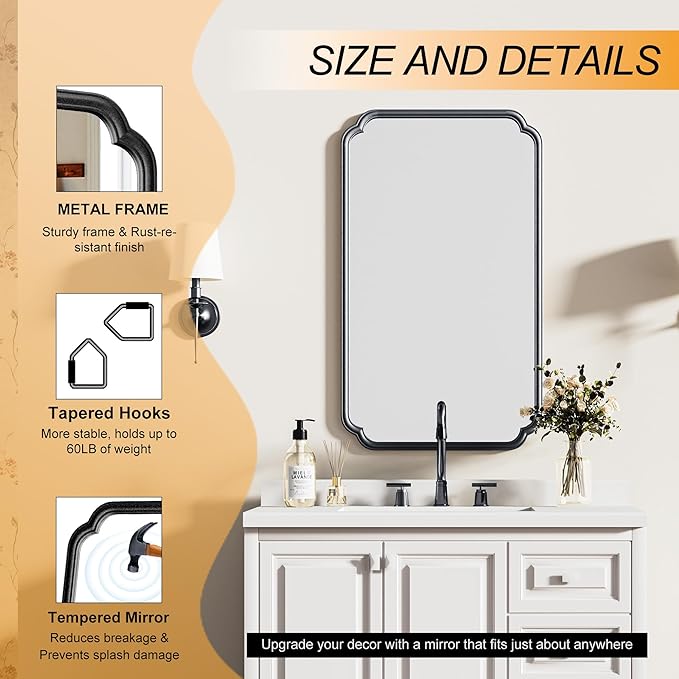 26"x40" Rustproof Bathroom Mirror Black, Round Corner Metal Frame Wall Mirror - Image 7