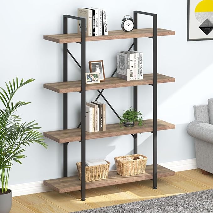 HSH Industrial 4 Tier Bookshelf, Modern Metal and Wood 4 Shelf Bookcase Etagere - Image 9