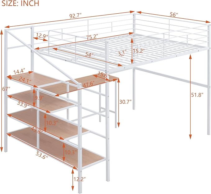 Full Size Metal Loft Bed with Desk and Lateral Storage Ladder, Modern Style - Image 2