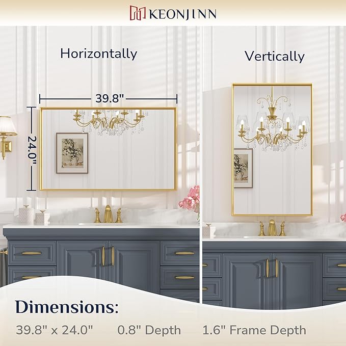 Keonjinn Gold Mirror for Bathroom 40 x 24 Inch Brushed Gold Mirror for Wall - Image 7