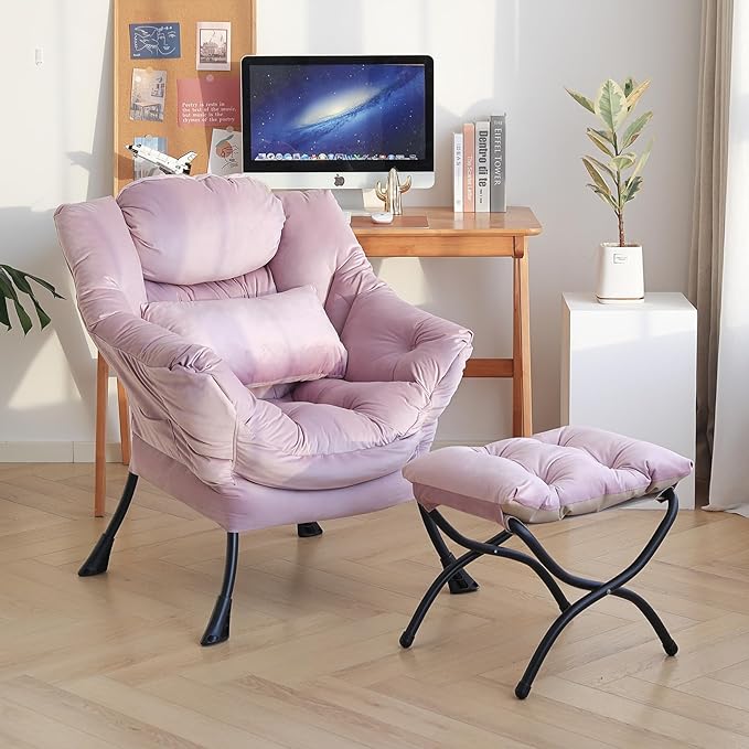 Lazy Chair with Ottoman, Modern Accent Chair with Lumbar Pillow, Comfy Chairs - Image 4