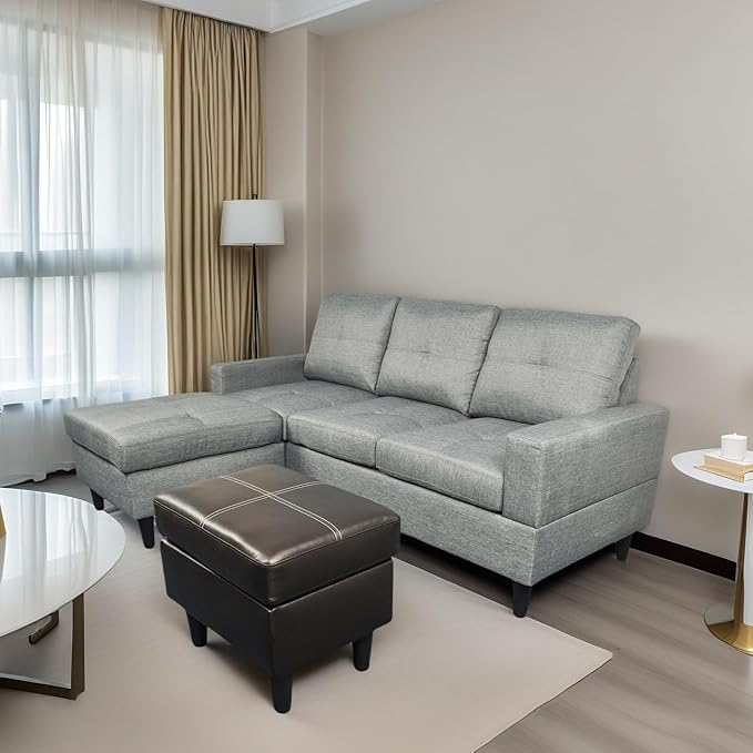 L Shaped Sofa with Ottoman, Modern Faux Leather Couch with Chaise, 3 Seat by FONTOI