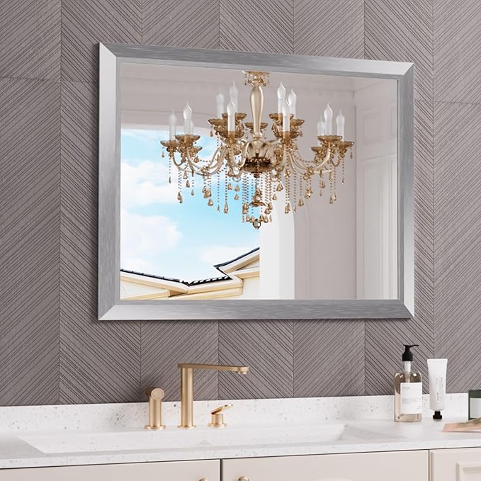 Amorho 40x32 Inch Bathroom Mirror Silver, Thick Metal Framed Wall Mirrors by Amorho