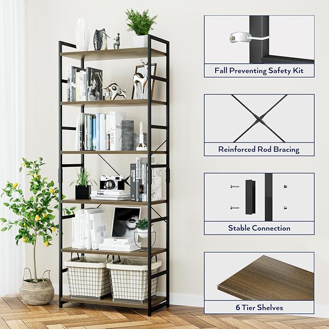 NUMENN 6 Tier Bookshelf, Tall Bookcase Shelf Storage Organizer, Modern Book - Image 5