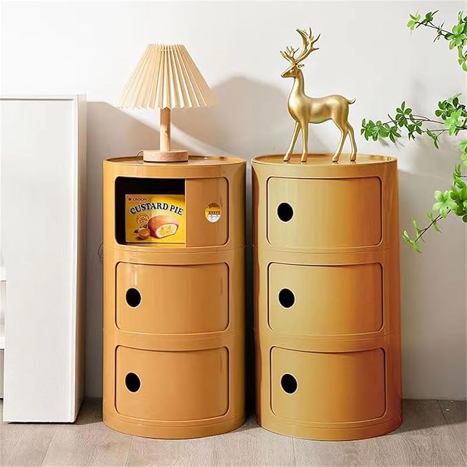 3 Tier Round Nightstand with Drawer, Ginger Yellow Round Side Table Small - Image 5