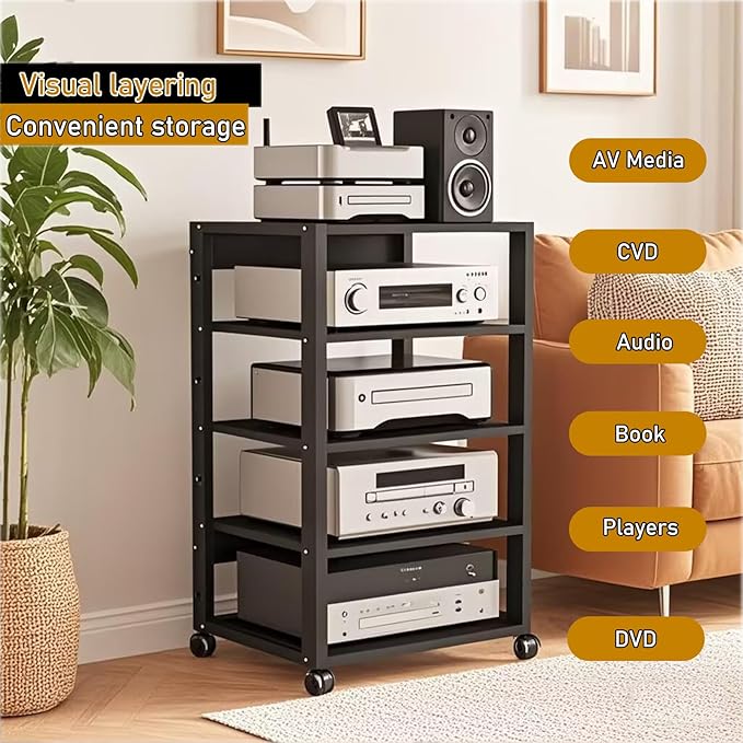 5 Tier Audio Rack Tower, CD Record Player Stereo Receiver AV Equipment Cabinet - Image 4