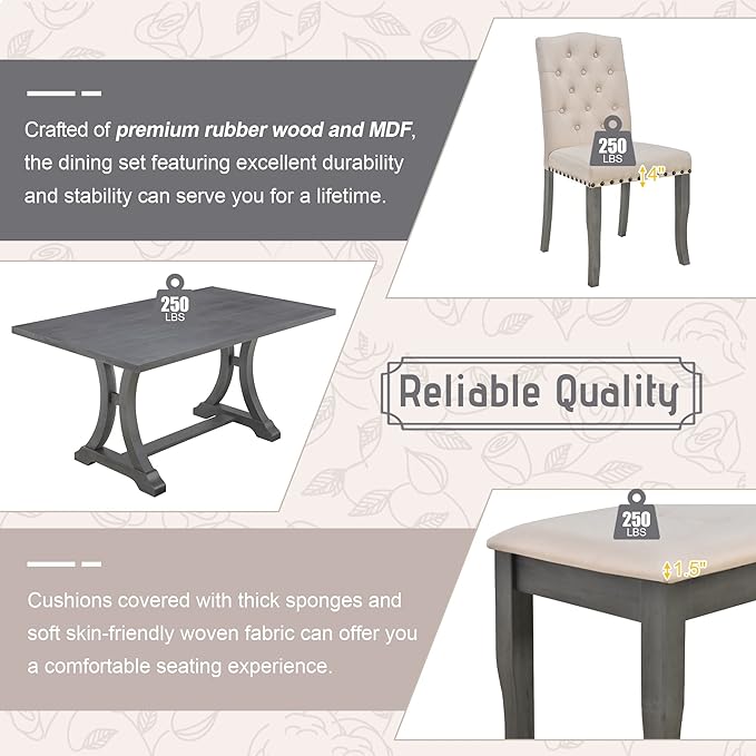 Ball & Cast Dining Table Set for 6, 6-Piece Farmhouse Dining Furniture Set - Image 6