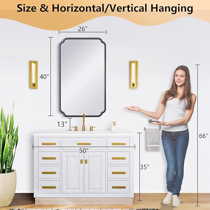 26"x40" Rustproof Bathroom Mirror Black, Round Corner Metal Frame Wall Mirror - Image 6