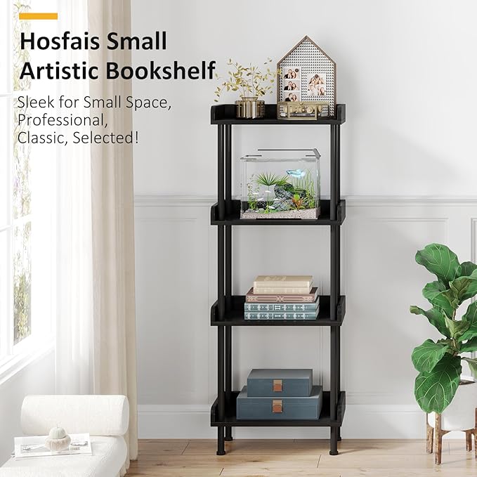 Hosfais Small Wooden Bookcase, 4-Tier Black Rustic Etagere Bookshelf - Image 5