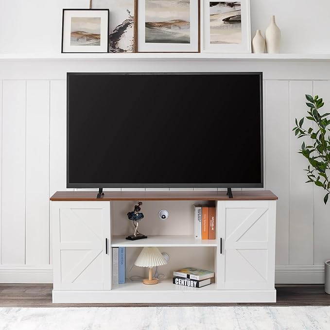 HollyHOME Farmhouse TV Stand for Televisions up to 65”, Wood Entertainment - Image 4