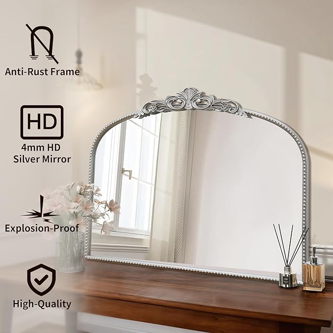 Micasso Silver Vintage Wall Mirror: 24"x 32" French Baroque Antique Arched Wall - Image 2