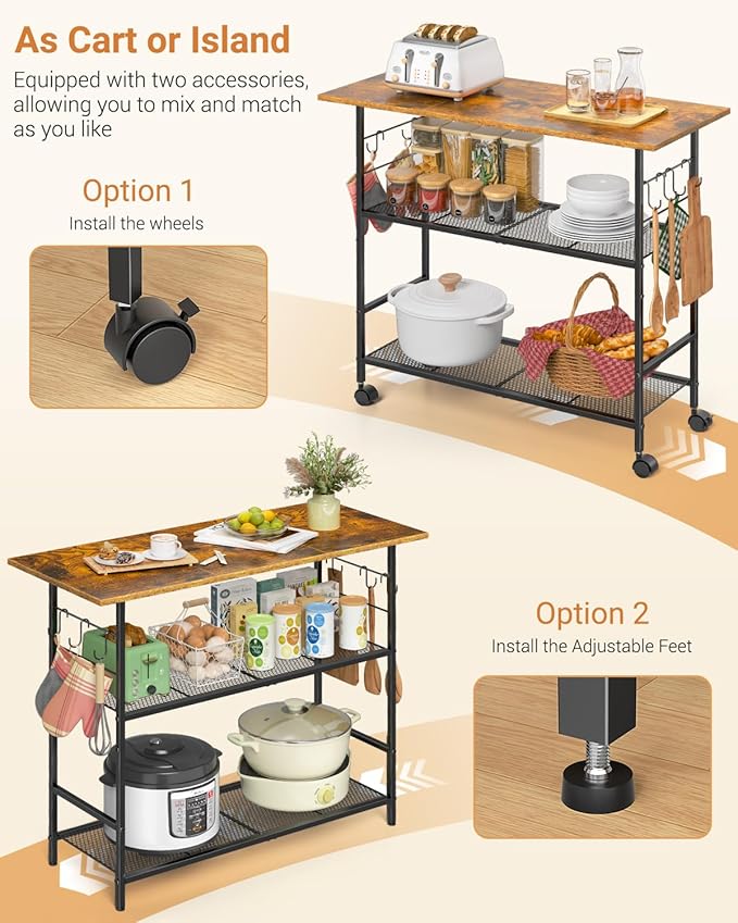 Kitchen Island with 3 Shelves, Rolling Kitchen Cart with 6 Hooks and Protective - Image 5