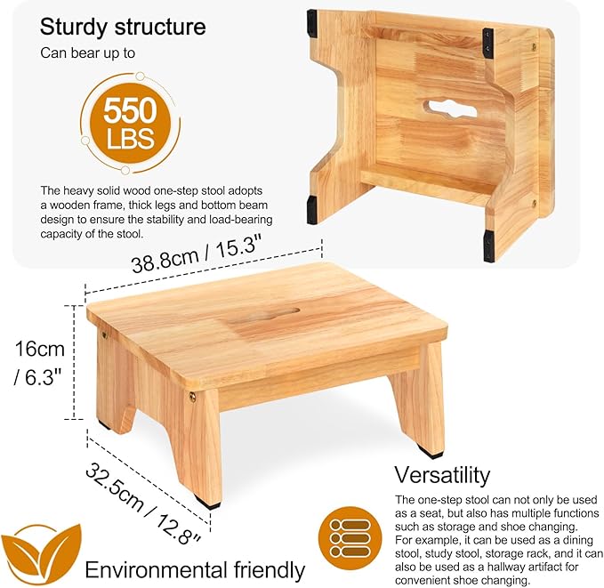 One Step Stool for Adults Seniors, 6.5" Heavy Duty Wooden Stepping Stools - Image 2