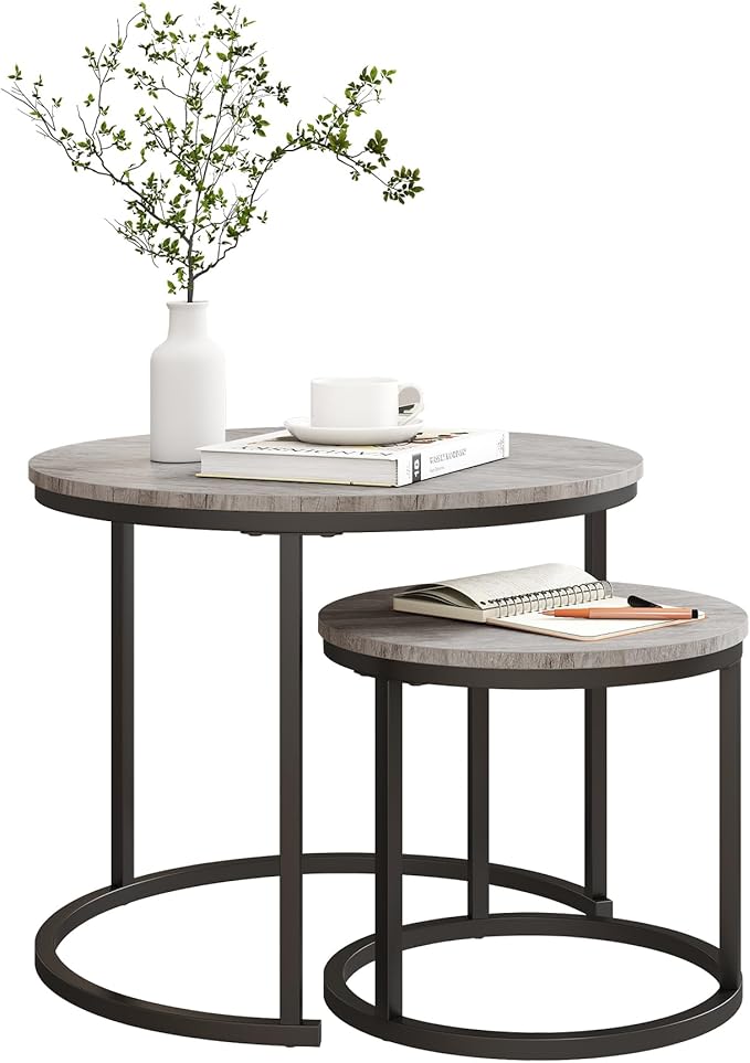 Round Coffee Table Set of 2 for Living Room, Nesting Tables Metal Frame/Wood - Image 7