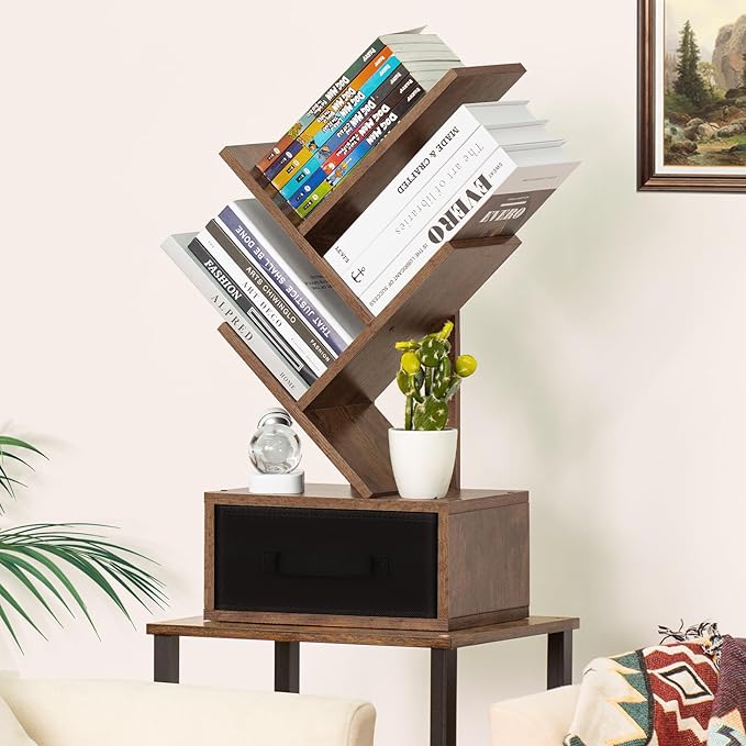 Small Bookshelf with Drawer, 4 Tier Tree Book Shelf, Wood Desk Bookshelves - Image 2