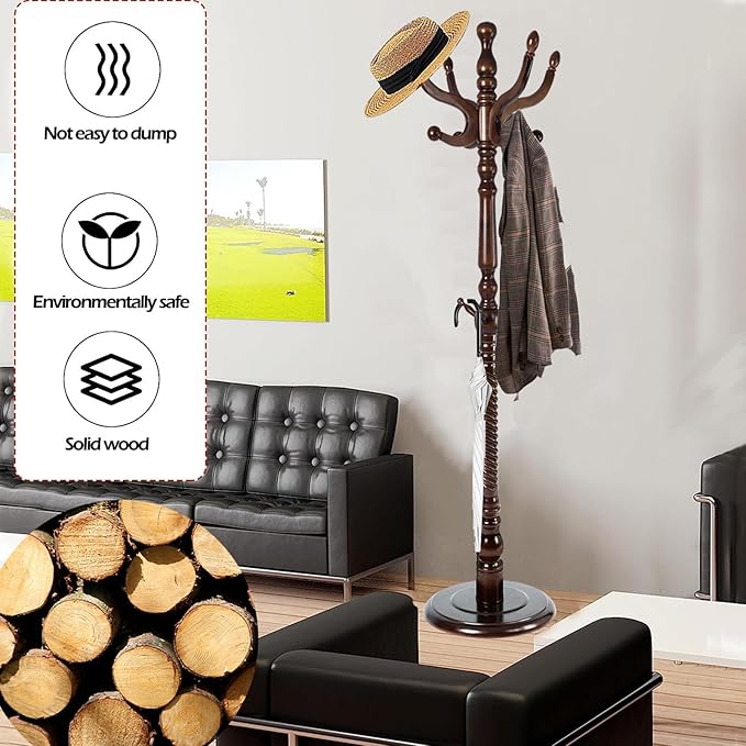 Coat Racks Free Standing with 14 Hooks, Natural Wood Coat Stands - Image 2