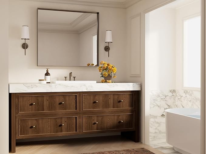 Keonjinn 42 x 36 Inch Brushed Bronze Bathroom Mirror, Rectangle Framed Vanity - Image 2