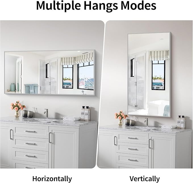 48x24In Silver Bathroom Mirror for Wall, Brushed Nickel Rectangle Mirrors - Image 3
