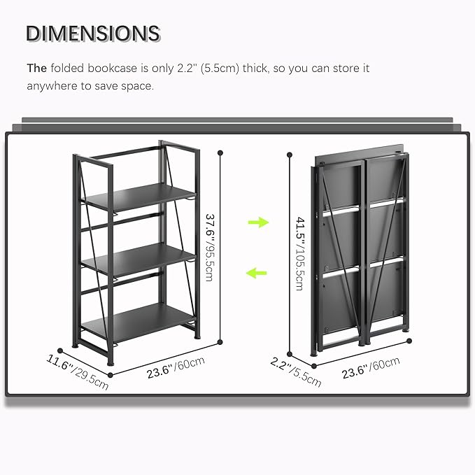 4NM No-Assembly Folding Bookshelf Storage Shelves 3 Tiers Vintage Bookcase - Image 2