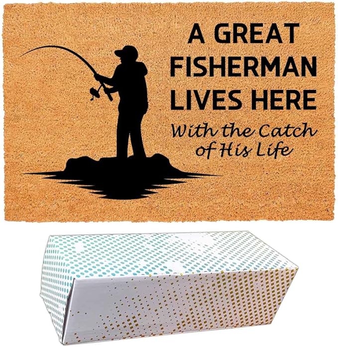 Funny Coir Doormat with A Great Fisherman Lives Here with The Catch of His Life by FNDMCTPS