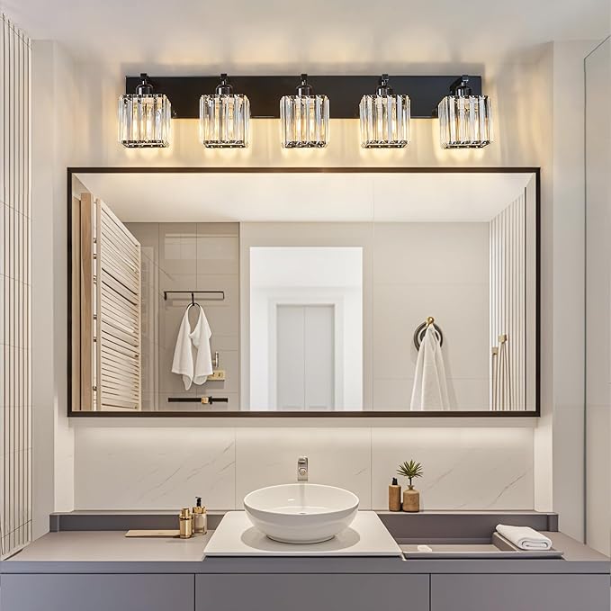 Modern Bathroom Vanity Light 5-Lights Plating Black Crystal Bathroom Wall Light - Image 2