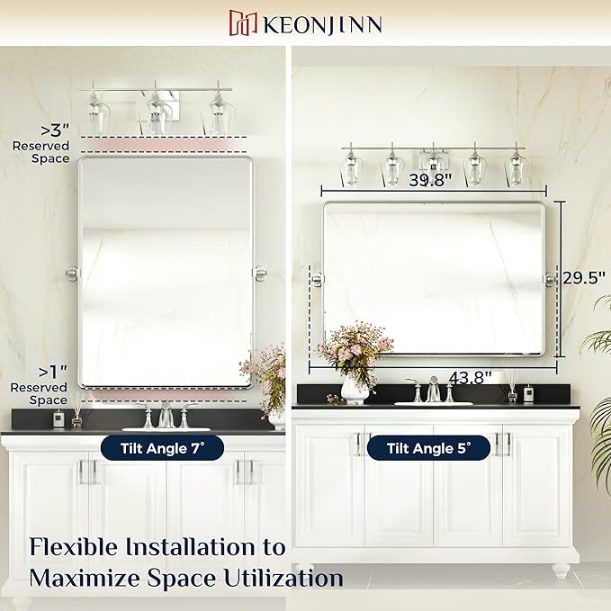 Keonjinn 40 x 30 Inch Large Pivot Mirror, Brushed Nickel Pivot Mirror Bathroom - Image 9