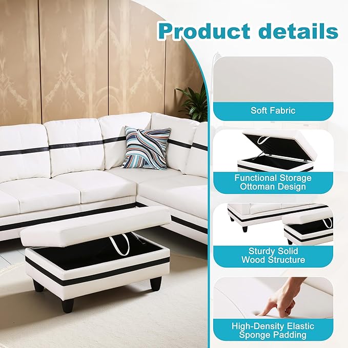 Couches for Living Room PU Leather L Shaped Couch Comfy 3 Pieces Sectional Sofa - Image 5