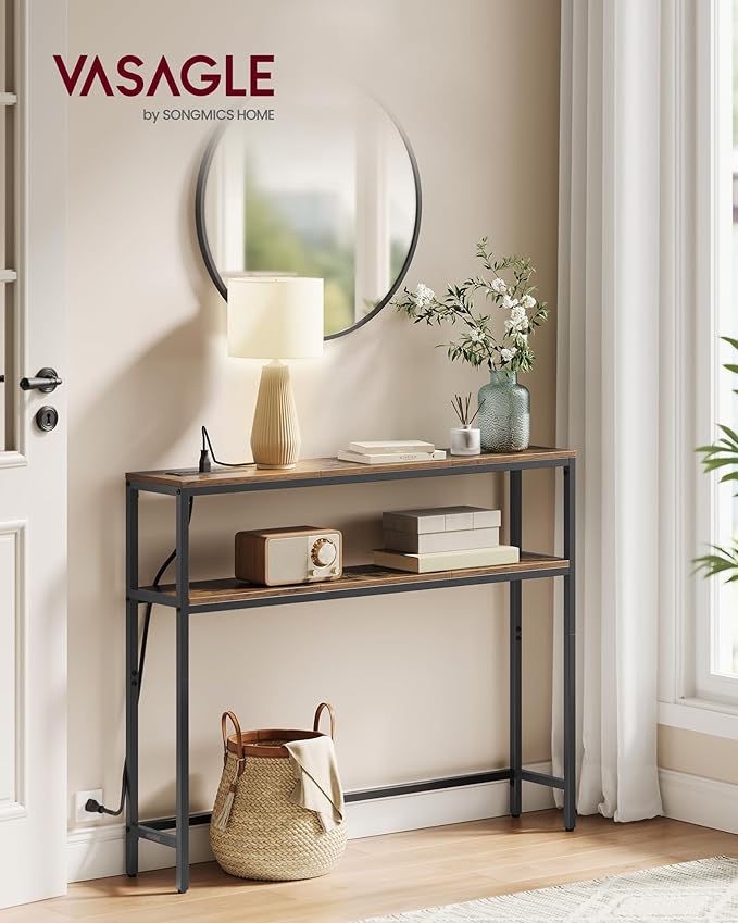 VASAGLE Console Table with Power Outlet, 2-Tier Narrow Sofa Table with 2 Shelves - Image 2