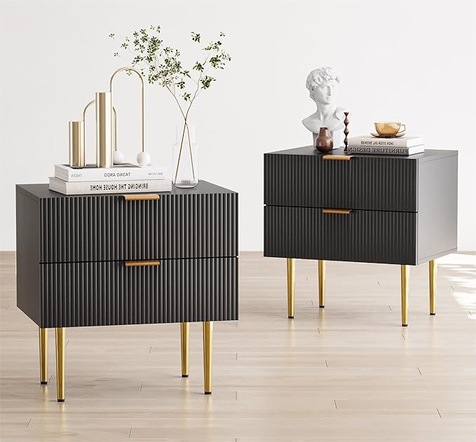 Black Nightstand for Bedroom, Fluted Night Stand Set of 2, Mid Century Modern by Algherohein