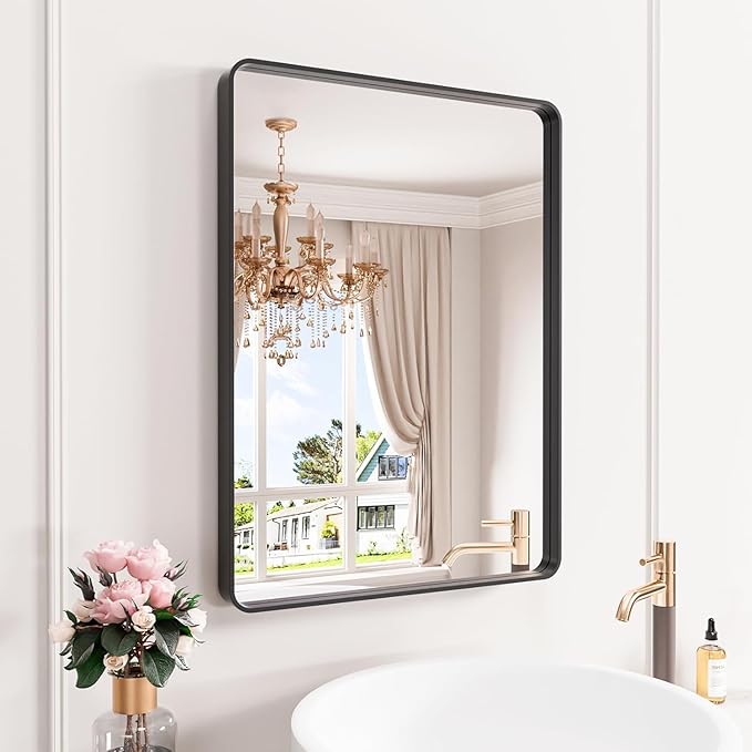 Black Bathroom Mirror 24X32 Inch, Rounded Rectangle Matte Bathroom Vanity Mirror by JISOSO