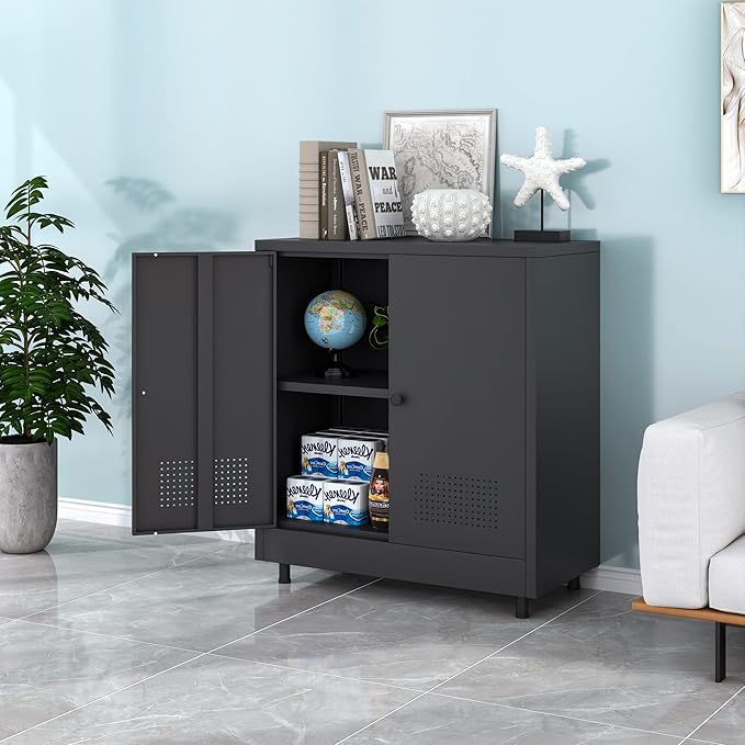 Metal Storage Cabinet with 2 Doors and Adjustable Shelf, Steel Accent Sideboard - Image 9
