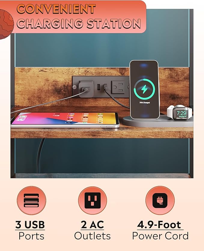 WLIVE Nightstand with Charging Station, LED Night Stand with 2 Drawers and 4 - Image 5