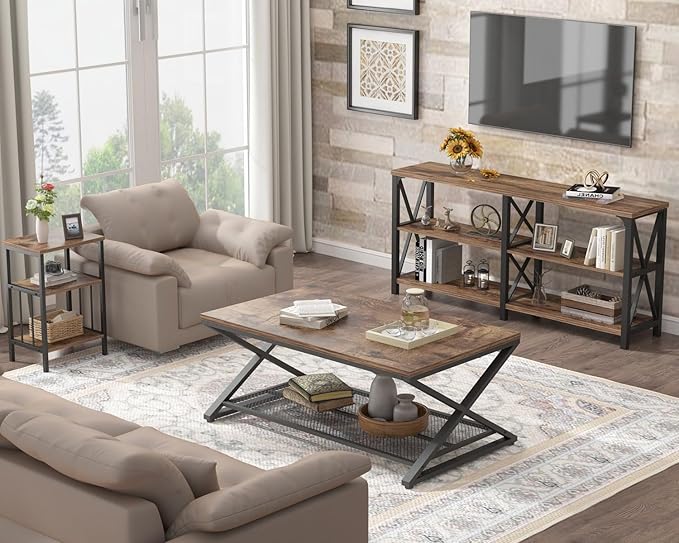 LVB Rustic Coffee Table, Industrial Metal Wood 2 Tier Cocktail Tea Table - Image 7