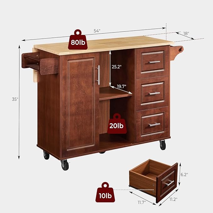 Walnut 54" Rolling Kitchen Island Cart - Image 7