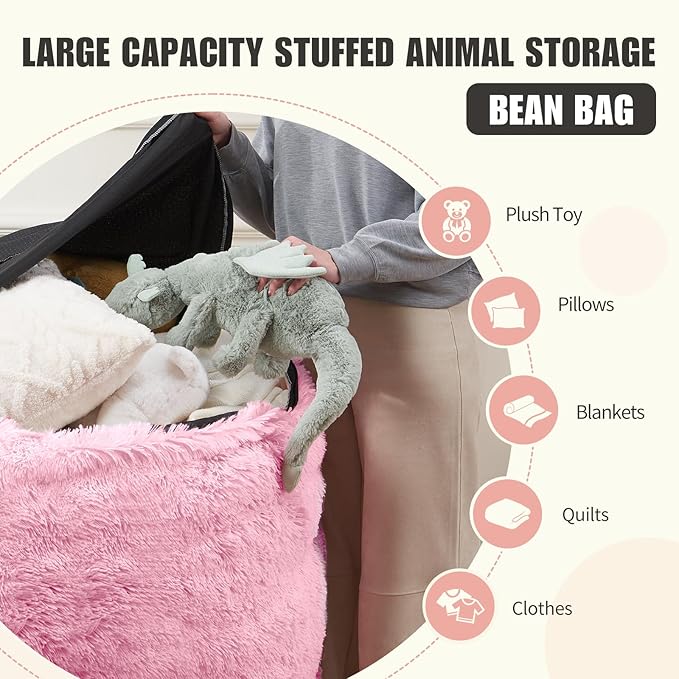 Fluffy Bean Bag for Stuffed Animals Storage, Faux Fur Washable Bean Bag Chair - Image 3