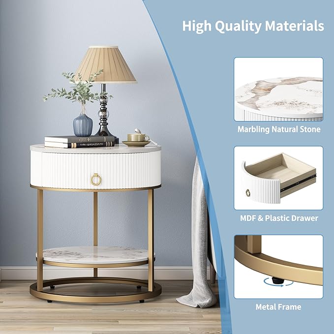 OIOG Round Side Table with Drawer, 2 Tier Night Stand with Shelf, Modern Side - Image 4