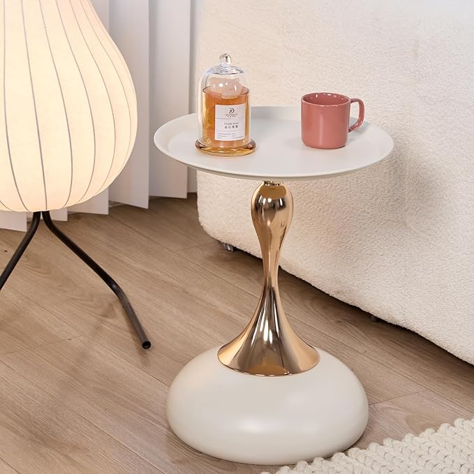 Modern Round Side Table with Gold Pedestal Base, Accent End Table - Image 5