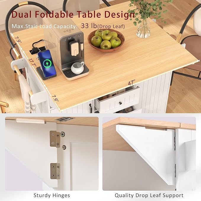 56" Large Kitchen Island with 2 Drop Leafs, Rolling Kitchen Cart on 5 Wheels - Image 4