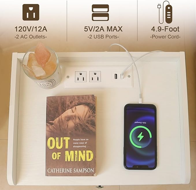 AWASEN White Nightstand with Charging Station, Modern Bedside Table with Glass - Image 6