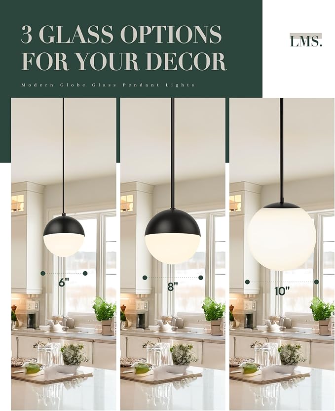 LMS 10 Inch Globe Pendant Lights, Matte Black Mid Century Kitchen Island Light - Image 5