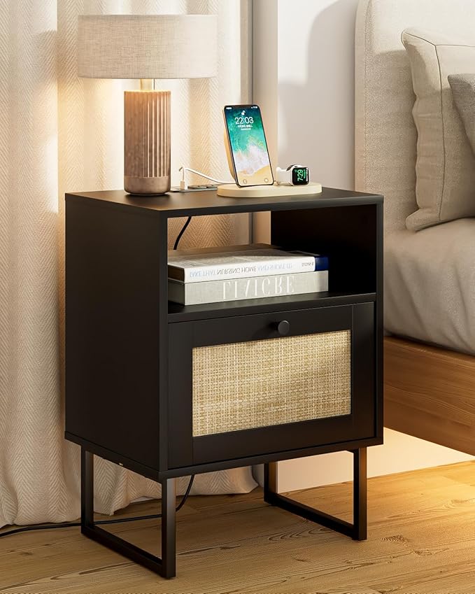 Rattan Nightstand with Charging Station, Mid Century Modern Night Stand - Image 3