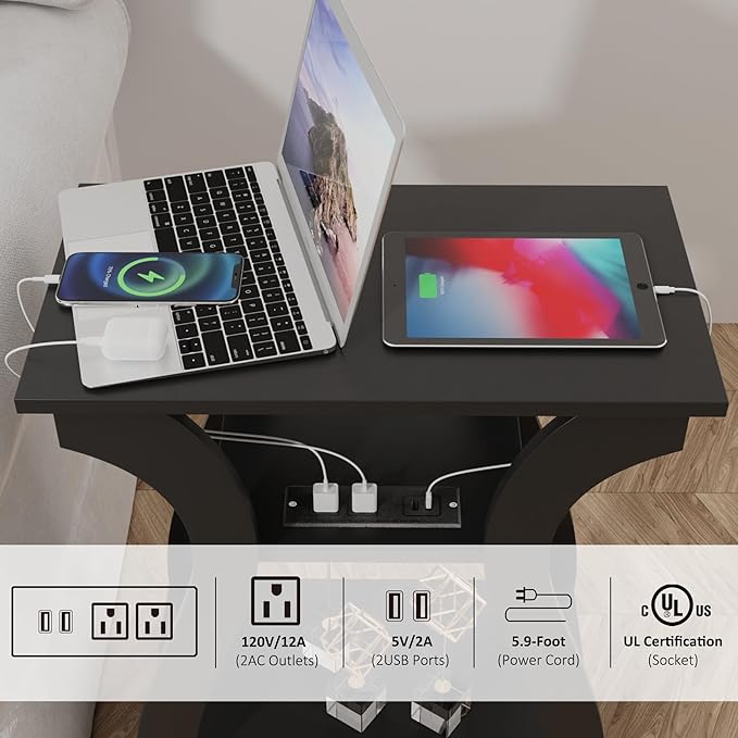 Black End Table Set of 2 with Charging Station, Side Table with USB Ports and - Image 4