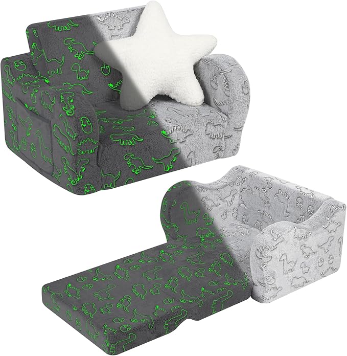 Dinosaur Glow in The Dark Toddler Couch, 2-in-1 Toddler Soft Couch Fold Out by MOMCAYWEX