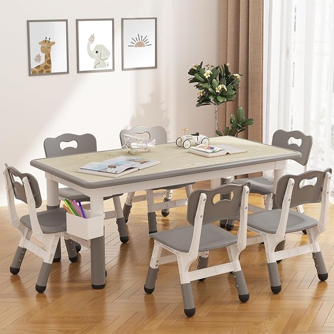 GarveeHome Kids Table and 6 Chairs Set, Height Adjustable Toddler Table and - Image 2