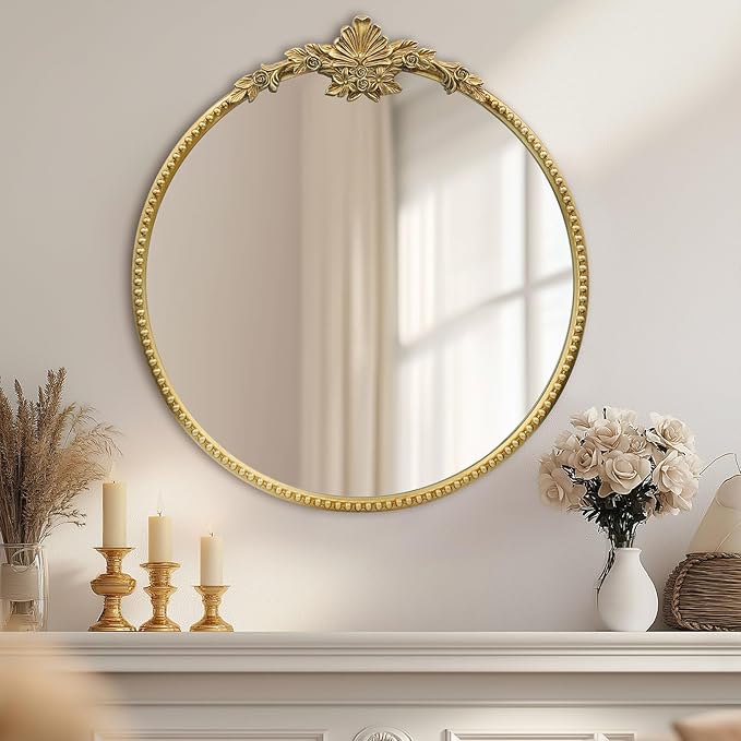 Round Gold Mirror, 24inch Baroque Style Vintage Decorative Circle Wall Mirror - Image 5