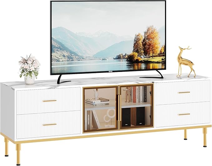 66" Fluted TV Stand with LED Light, Modern Entertainment Center by Garvee