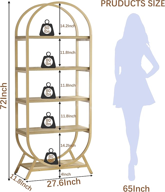 Bookshelf Arched Bookcase, Industrial 5 Tier Open Book Shelves - Image 2