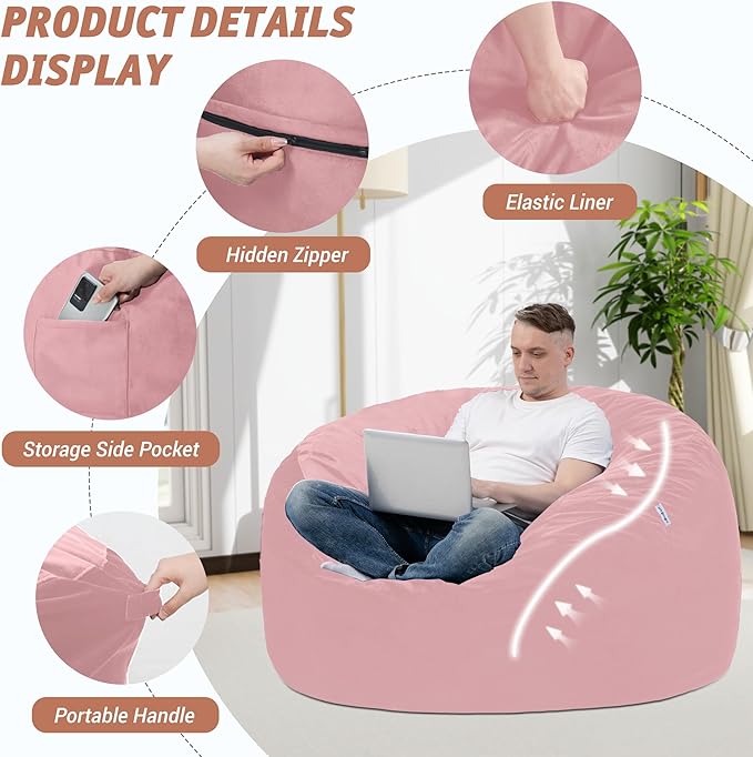 3FT Bean Bag Chair with Ultra Soft Velvet Cover Bean Bag Sofa with Memory Foam - Image 4